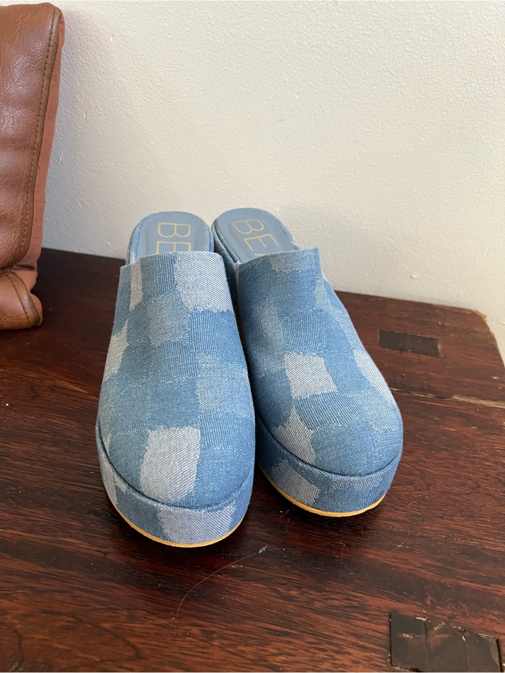 Anthropologie Denim Patchwork Platform Mules in Light and Medium Blue
